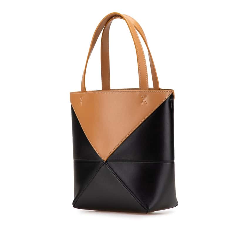 Loewe Mini Bicolor Shiny Calfskin Puzzle Fold Tote Black Leather Good condition - Back View