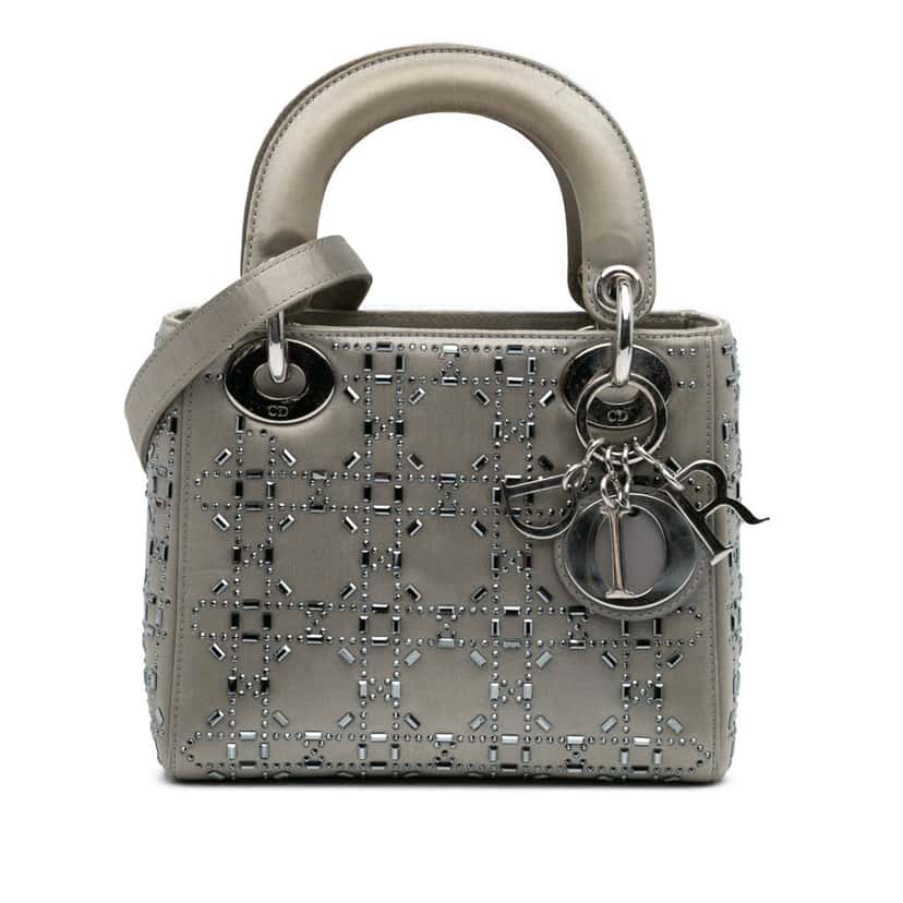 Dior Mini Satin Cannage Strass Crystal Embellished Lady Dior Grey Satin Good condition - Front View