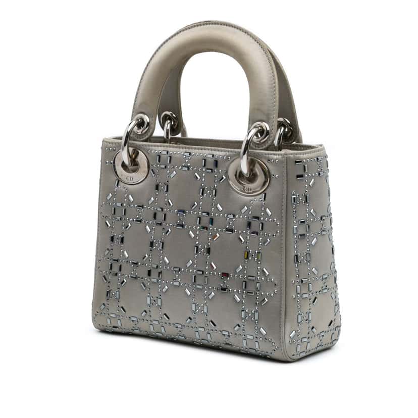 Dior Mini Satin Cannage Strass Crystal Embellished Lady Dior Grey Satin Good condition - Back View