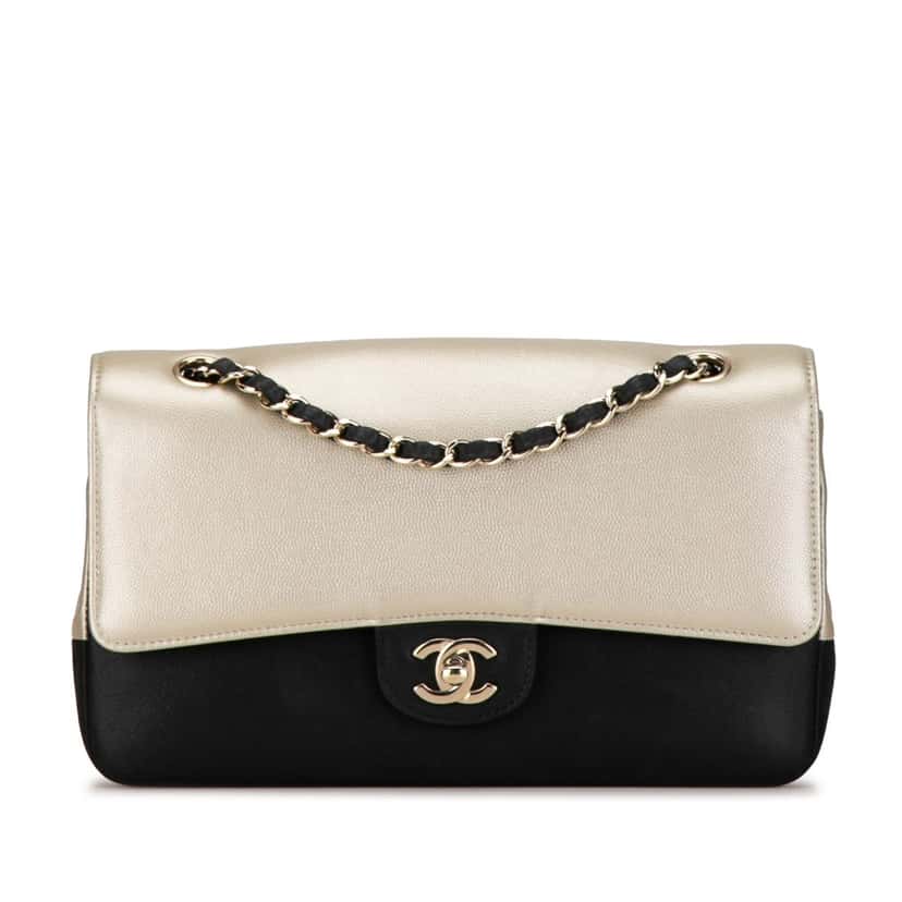 Chanel Medium Classic Bicolor Caviar Double Flap Silver Leather Good condition - Front View