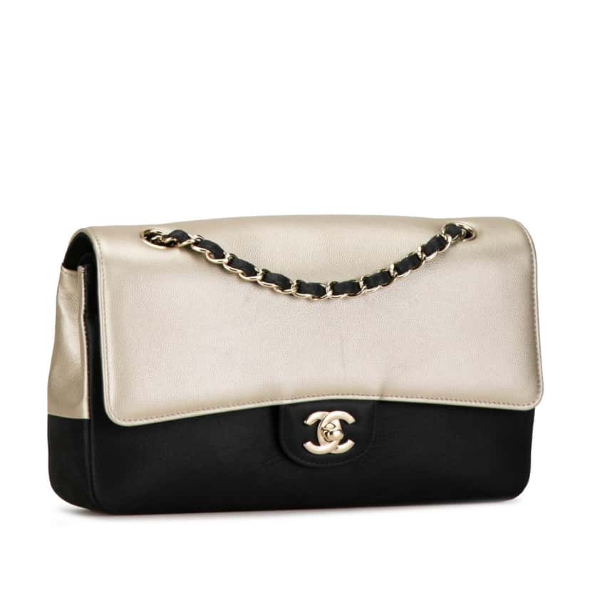 Chanel Medium Classic Bicolor Caviar Double Flap Silver Leather Good condition - Back View
