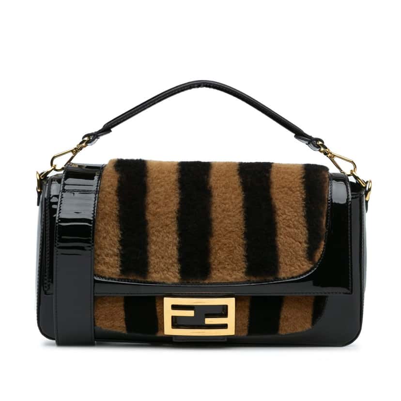 Fendi Shearling Pequin Baguette Satchel Black Good condition - Front View