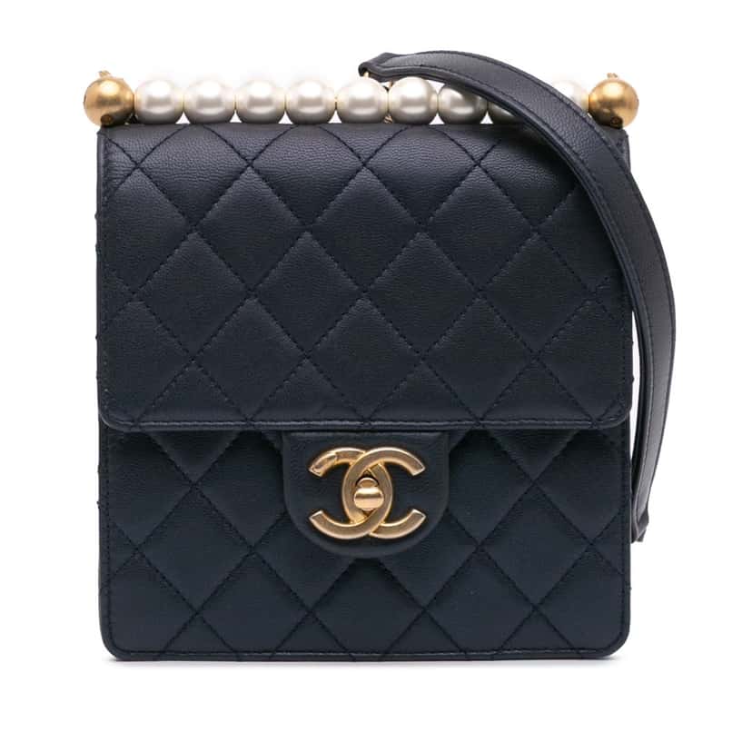Chanel Small Lambskin Chic Pearls Flap Blue Leather Good condition - Front View