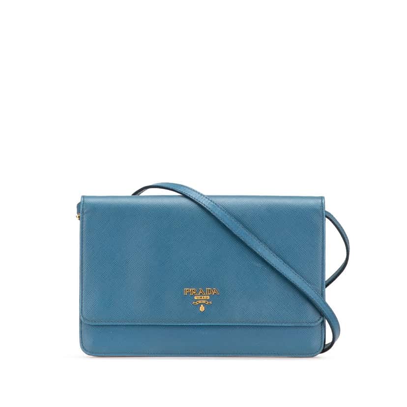 Prada Saffiano Wallet on Strap Blue Leather Good condition - Front View