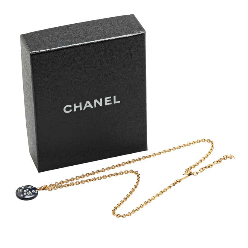 Chanel Gold Plated CC Resin and Faux Pearl Pendant Necklace Gold Metal Good condition - Box View