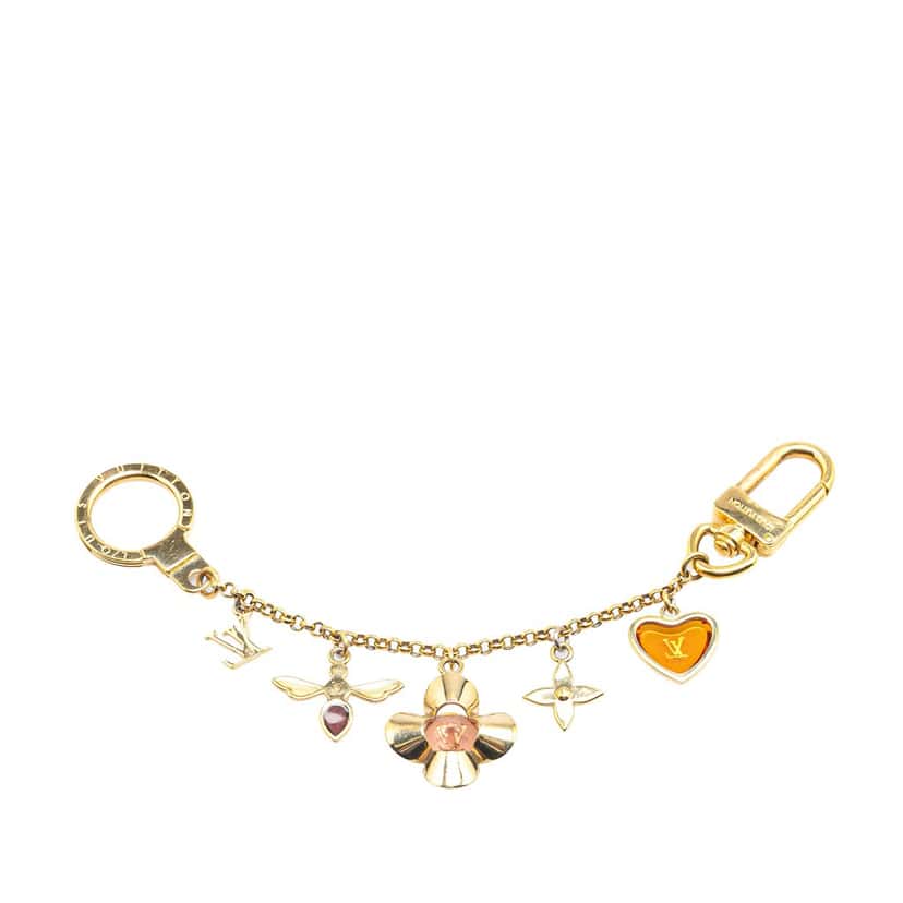 Louis Vuitton Gold Plated Bee Flower Bag Charm Key Chain Gold Metal Good condition - Front View