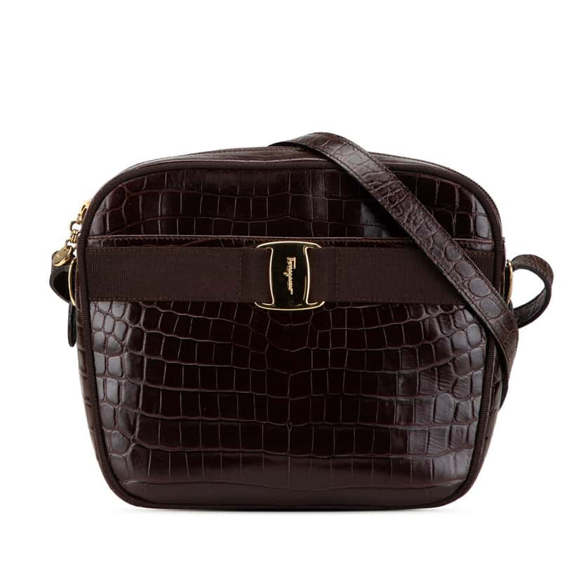 Salvatore Ferragamo Croc Embossed Calfskin Vara Crossbody Brown Leather Good condition - Front View