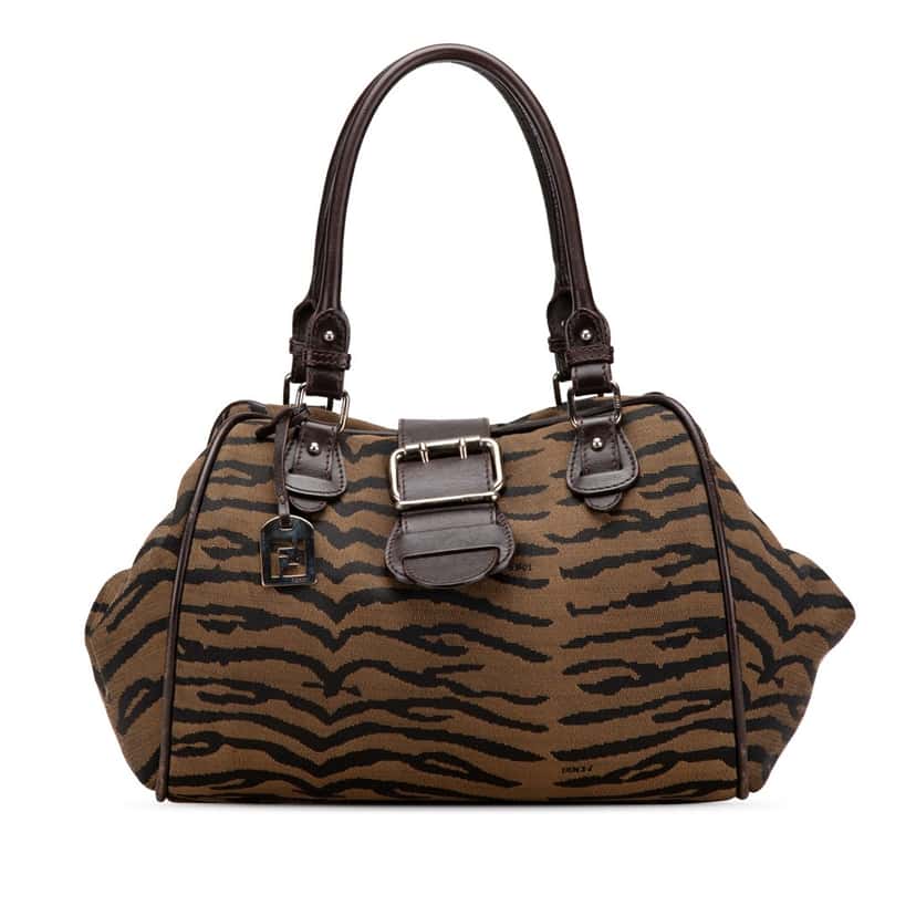 Fendi Tiger Print Canvas Shoulder Bag Brown Canvas Good condition - Front View