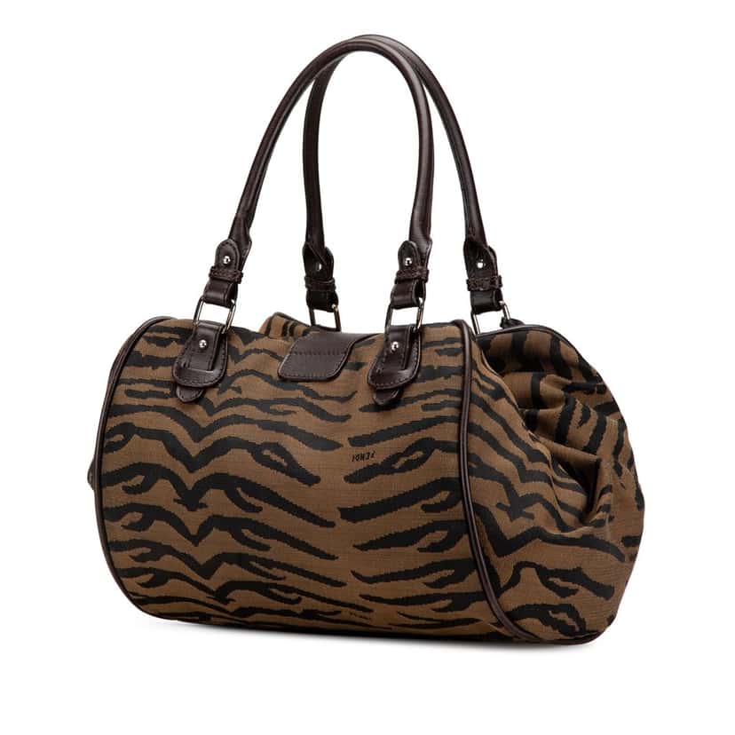 Fendi Tiger Print Canvas Shoulder Bag Brown Canvas Good condition - Back View