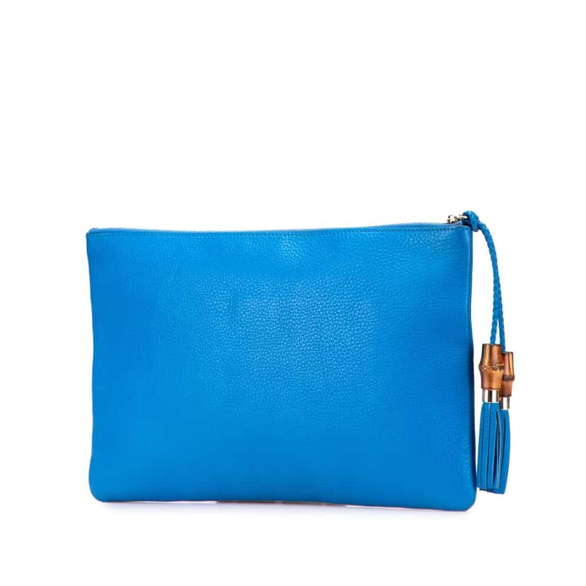 Gucci Calfskin Bamboo Tassel Clutch Blue Leather Good condition - Back View