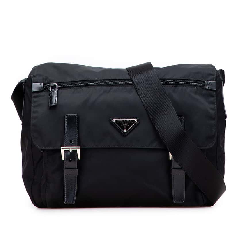 Prada Tessuto Zip Double Buckle Messenger Bag Black Good condition - Front View