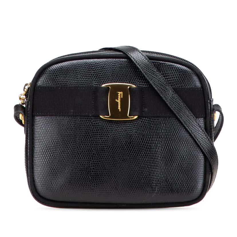 Salvatore Ferragamo Embossed Lizard Leather Vara Crossbody Black Leather Good condition - Front View