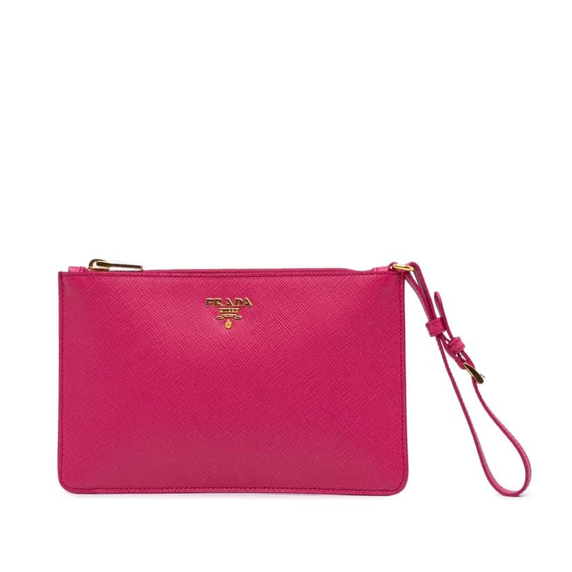 Prada Saffiano Zip Pouch Pink Leather Good condition - Front View