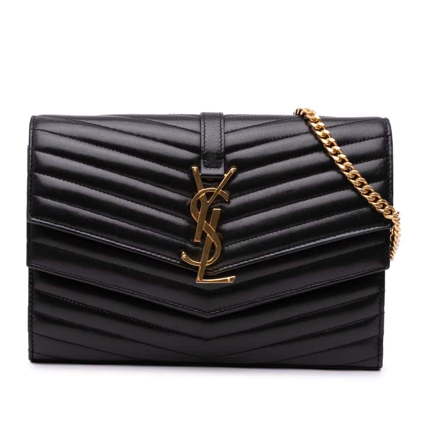 Saint Laurent Lambskin Chevron Monogram Sulpice Chain Wallet Black Leather Good condition - Front View
