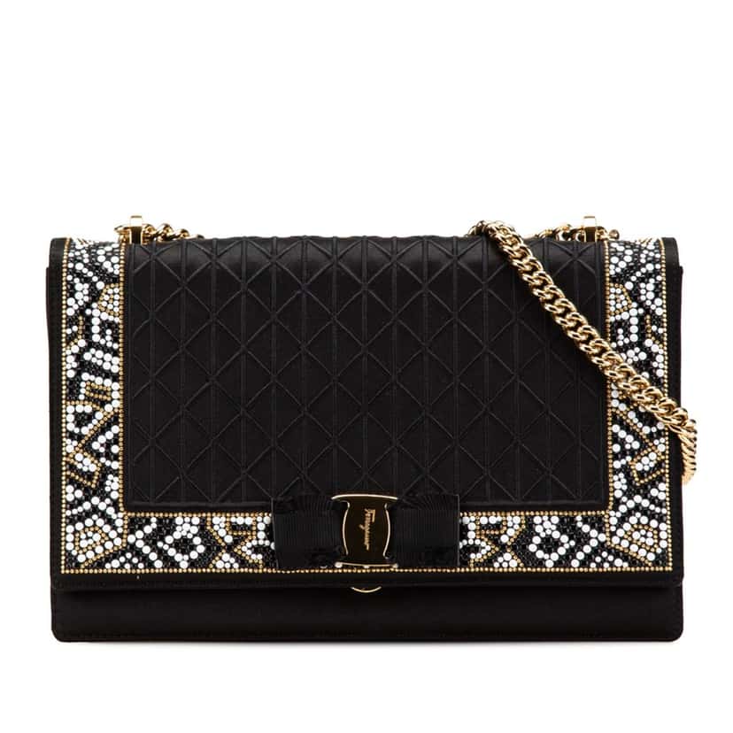 Salvatore Ferragamo Medium Vara Embellished Satin Ginny Chain Crossbody Black Satin Good condition - Front View