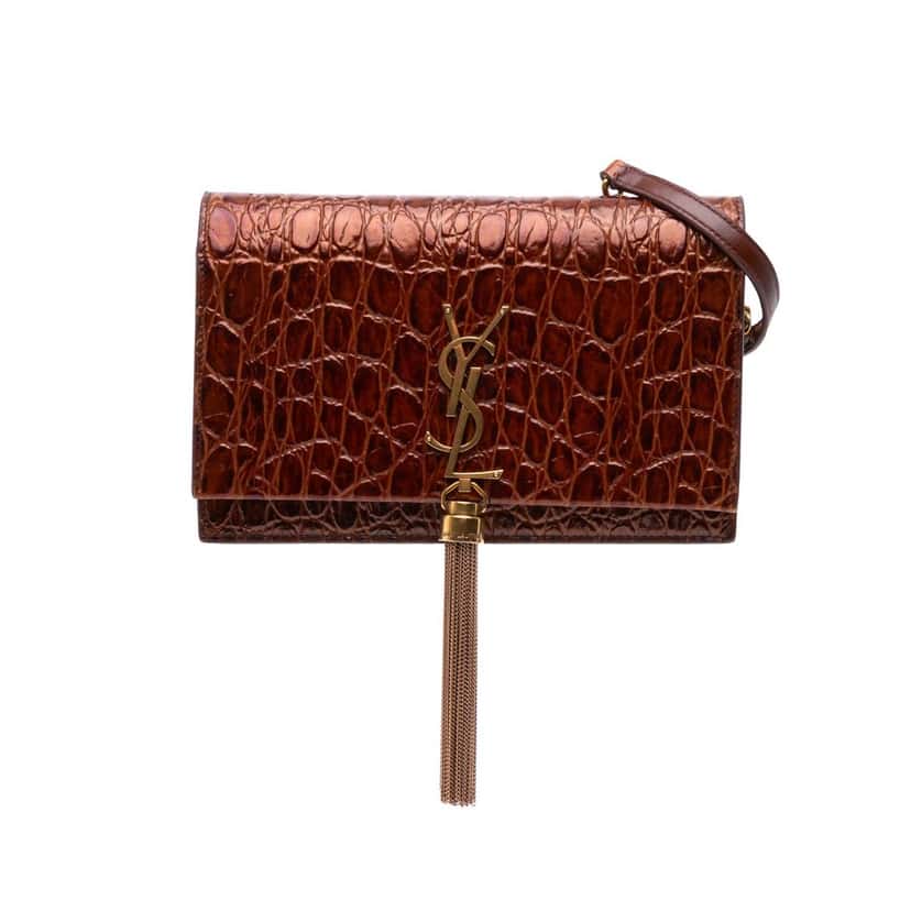 Saint Laurent Lizard Embossed Monogram Kate Tassel Wallet on Chain Brown Leather Fair condition - Front View