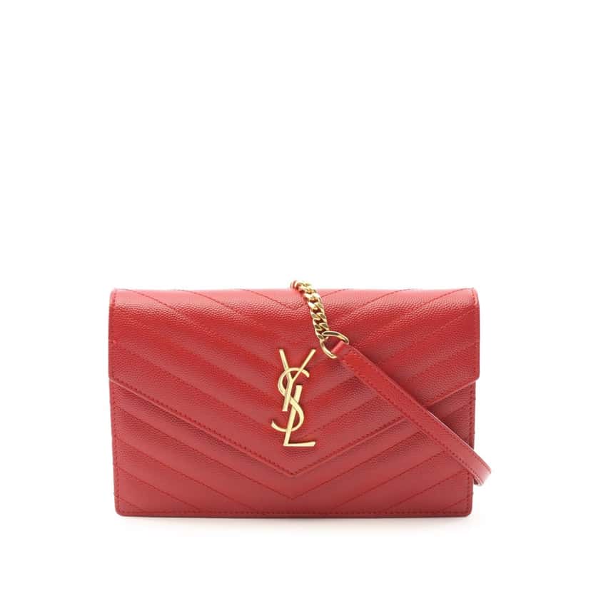 Saint Laurent Grain De Poudre Chevron Monogram Envelope Wallet on Chain Red Leather Good condition - Front View