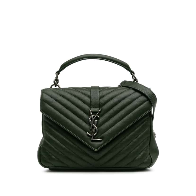 Saint Laurent Medium Monogram Chevron Quilted Lambskin College Satchel Green Leather Good condition - Front View
