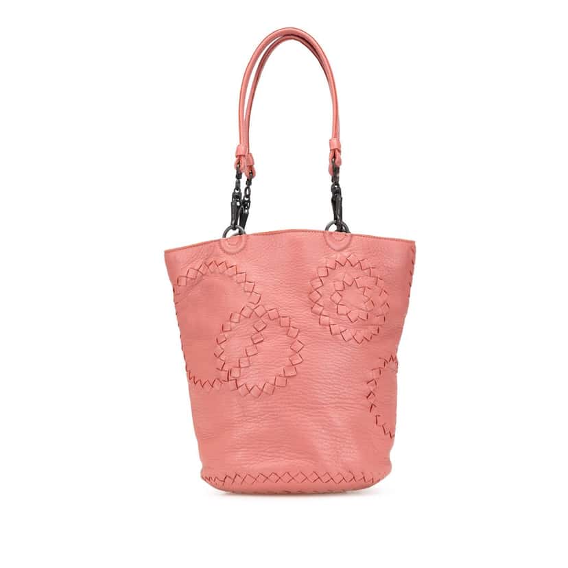 Bottega Veneta Small Intrecciato Trimmed Cervo Bucket Bag Pink Leather Very good condition - Front View