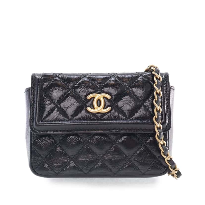 Chanel Quilted Shiny Aged Calfskin Waist Belt Bag Black Leather Good condition - Front View