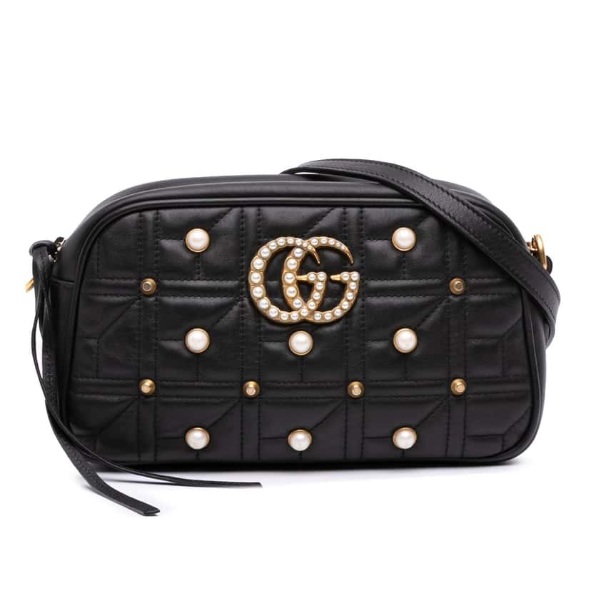 Gucci Small GG Marmont Matelasse Leather Pearl Studded Crossbody Black Leather Good condition - Front View