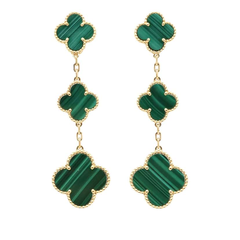 Van Cleef & Arpels 18K Yellow Gold and Malachite Magic Alhambra 3 Motif Earrings Gold Gold Good condition - Front View