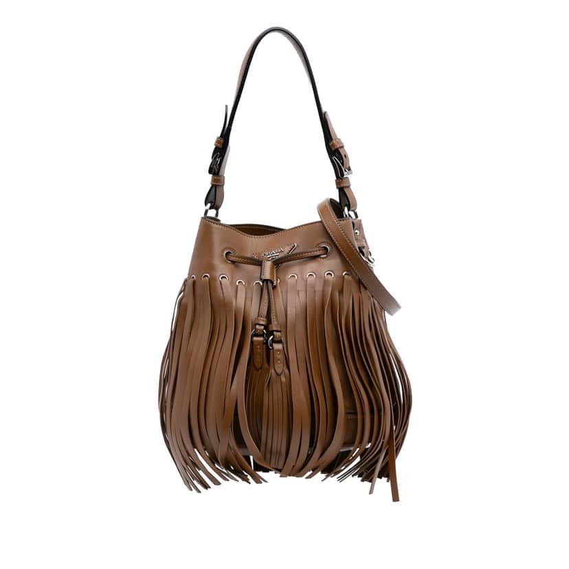 Prada Soft Calf Fringe Bucket Bag Brown Leather Good condition - Front View
