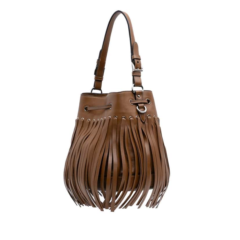 Prada Soft Calf Fringe Bucket Bag Brown Leather Good condition - Back View