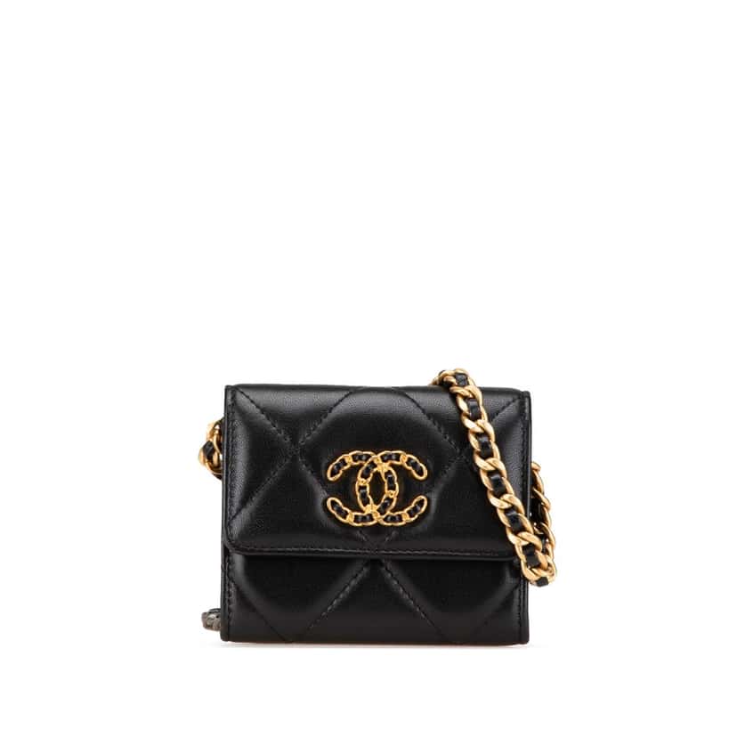 Chanel Quilted Lambskin Chanel 19 Card Holder On Chain Black Leather Good condition - Front View