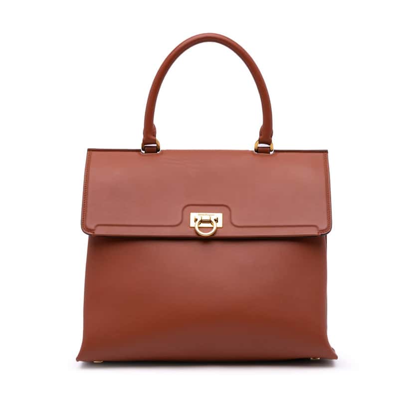 Salvatore Ferragamo Leather Gancini Trifolio Top Handle Bag Brown Leather Good condition - Front View