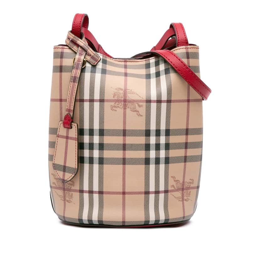 Burberry Haymarket Check Coated Canvas Lorne Bucket Bag Brown Canvas Good condition - Front View