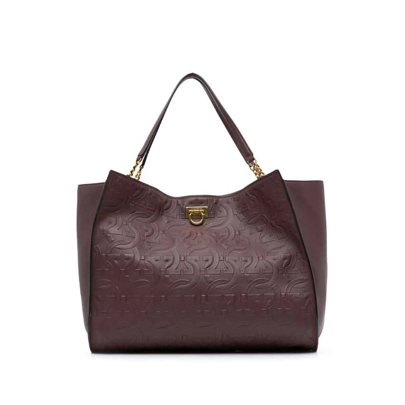 Salvatore Ferragamo Gancini Embossed Trifolio Tote Bag Red Leather Good condition - Front View