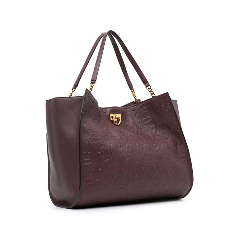 Salvatore Ferragamo Gancini Embossed Trifolio Tote Bag Red Leather Good condition - Back View