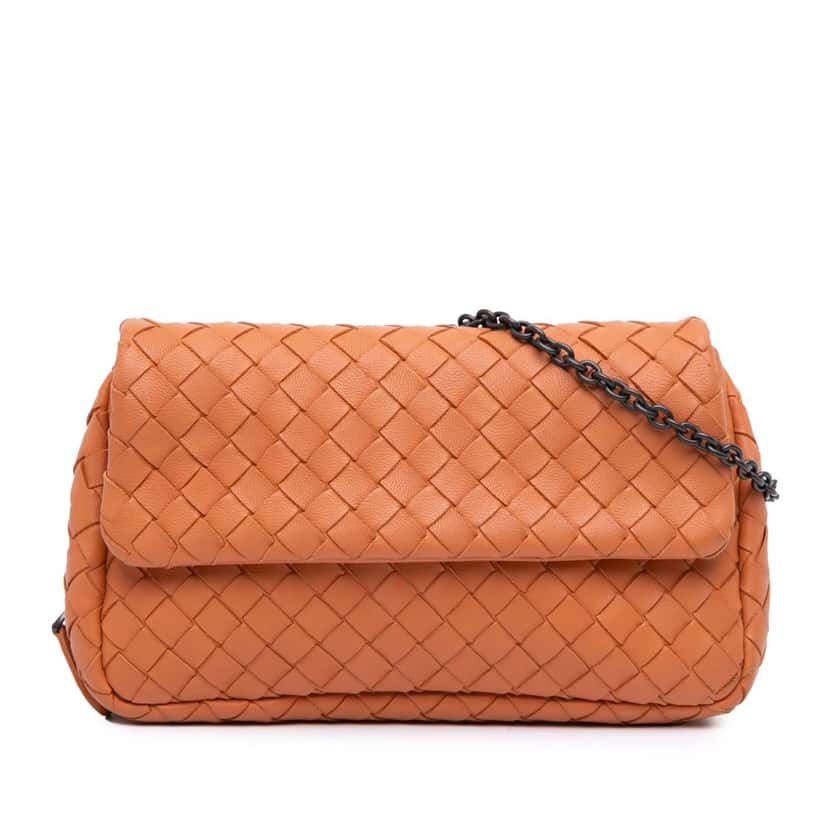 Bottega Veneta Mini Nappa Intrecciato Expandable Chain Crossbody Orange Leather Good condition - Front View