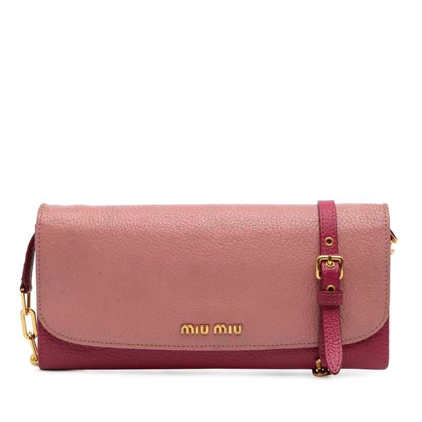 Miu Miu Bicolor Goatskin Madras Wallet on Chain Pink Leather Good condition - Front View
