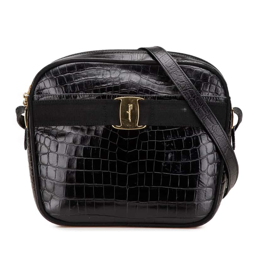 Salvatore Ferragamo Vara Embossed Leather Crossbody Black Leather Good condition - Front View