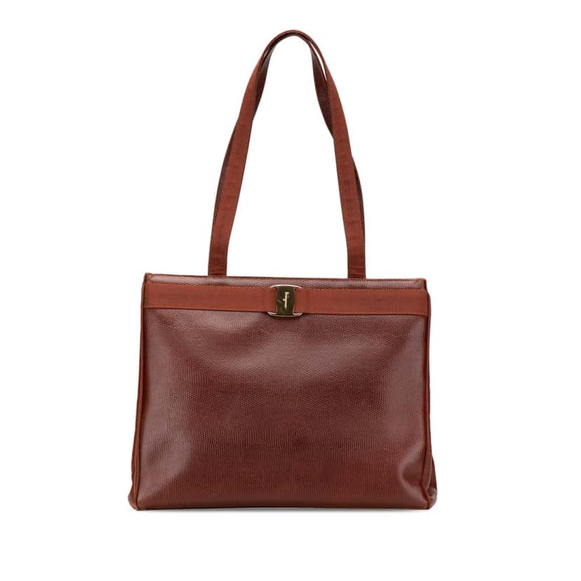 Salvatore Ferragamo Lizard Embossed Leather Vara Tote Brown Leather Good condition - Front View