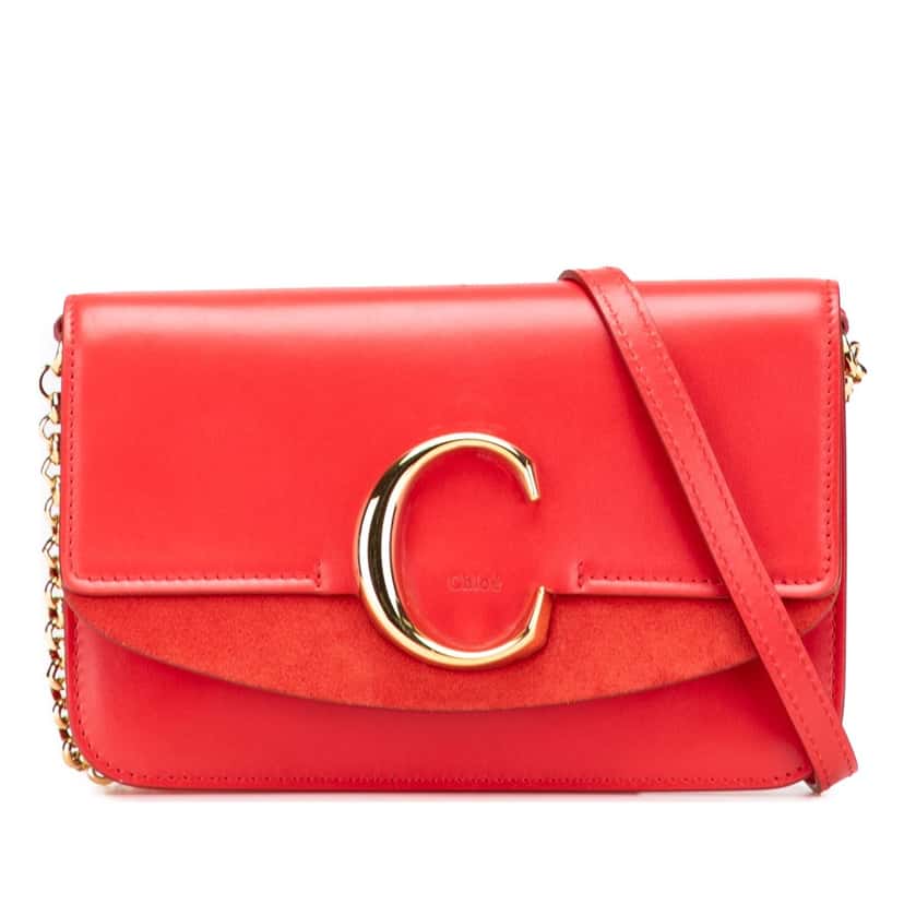 Salvatore Ferragamo Small Calfskin and Suede C Clutch With Chain Red Leather Good condition - Front View