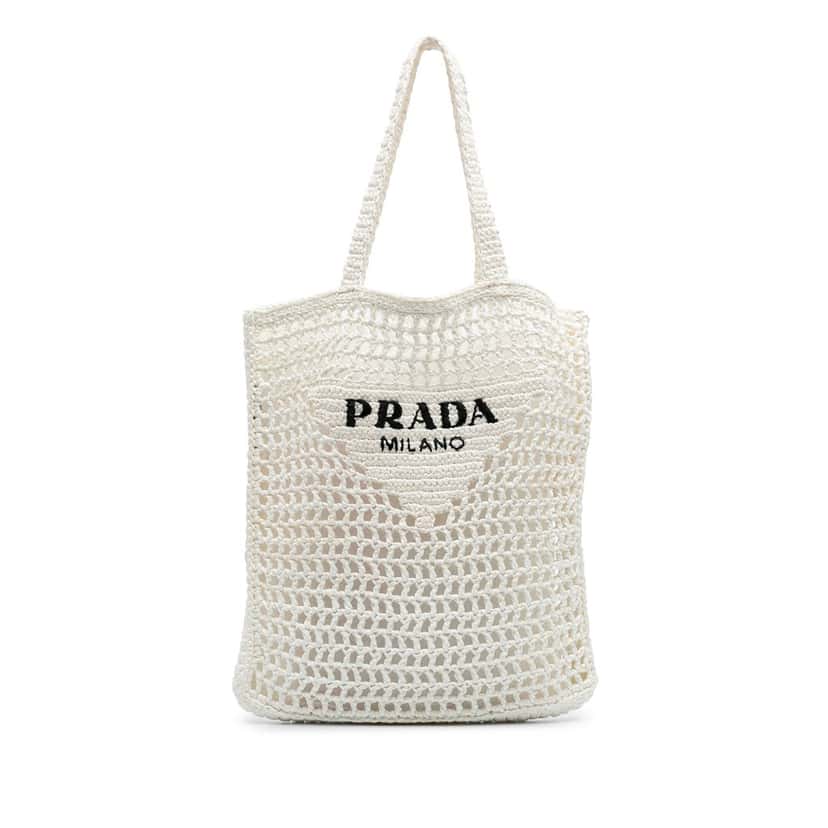 Prada Raffia Effect Crochet Logo Embroidered Tote White Good condition - Front View