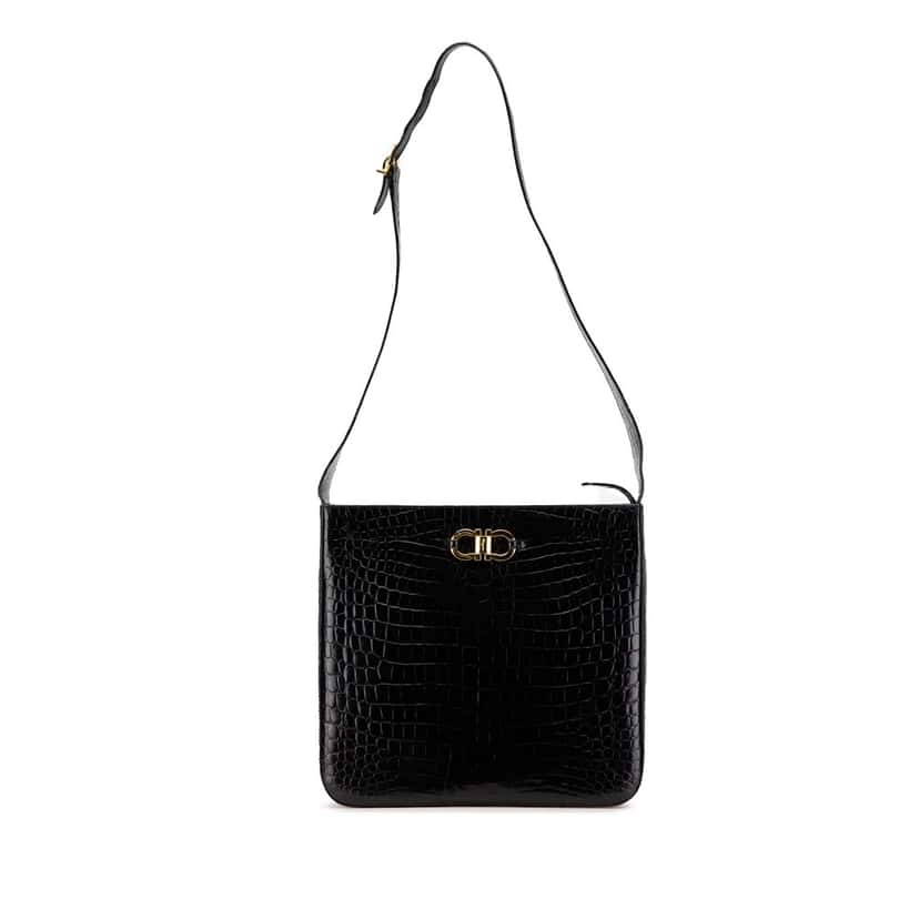 Salvatore Ferragamo Croc Embossed Leather Gancini Crossbody Black Leather Good condition - Front View