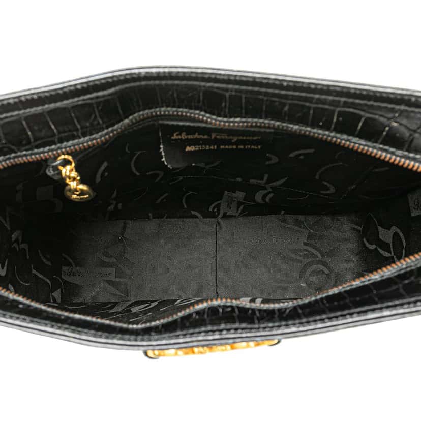 Salvatore Ferragamo Croc Embossed Leather Gancini Crossbody Black Leather Good condition - Model View