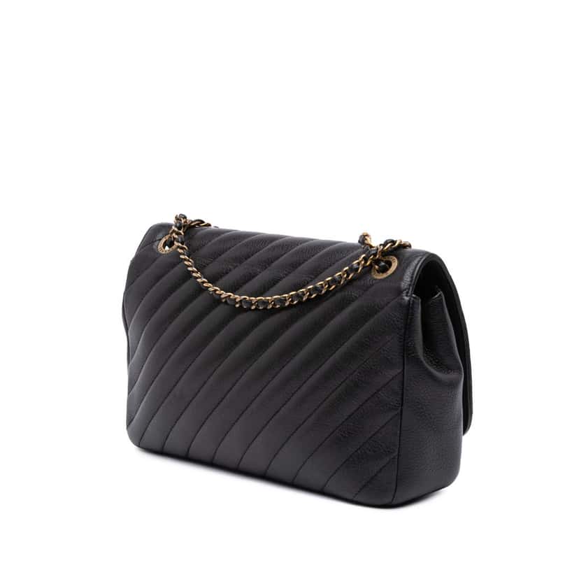 Chanel Medium Diagonal Quilted Goatskin Flap Black Leather Good condition - Back View