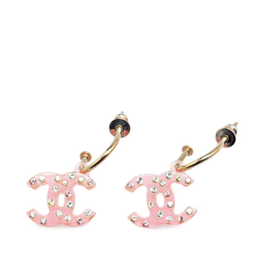 Chanel Gold Plated CC Acrylic Rhinestone Drop Push Back Earrings Pink Good condition - Front View