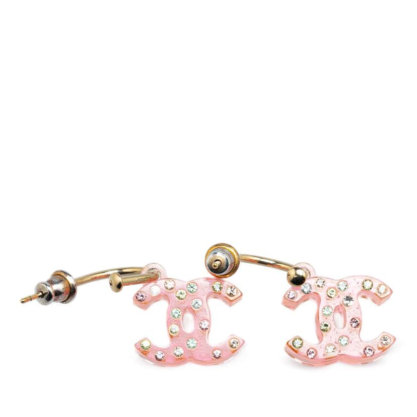 Chanel Gold Plated CC Acrylic Rhinestone Drop Push Back Earrings Pink Good condition - Back View