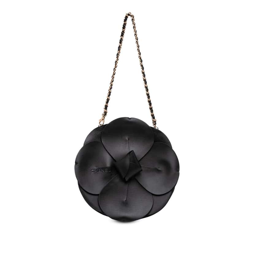 Chanel Lambskin and Satin Camellia Flower Evening Bag Black Leather Good condition - Front View