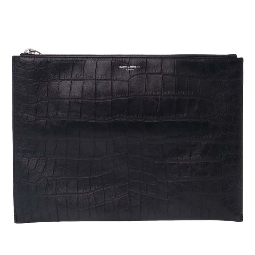 Saint Laurent Croc Embossed Leather Clutch Black Leather Good condition - Front View