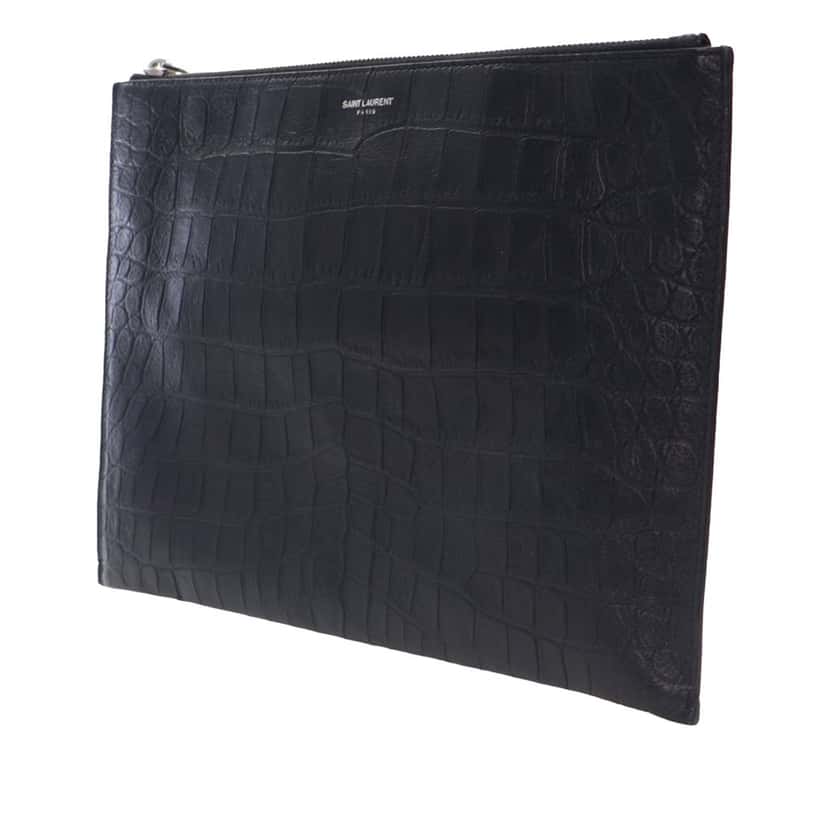 Saint Laurent Croc Embossed Leather Clutch Black Leather Good condition - Back View
