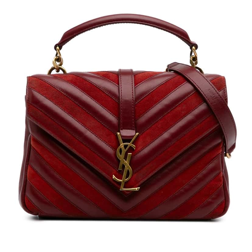 Saint Laurent Medium Calfskin and Suede Chevron Monogram College Satchel Red Leather Good condition - Front View