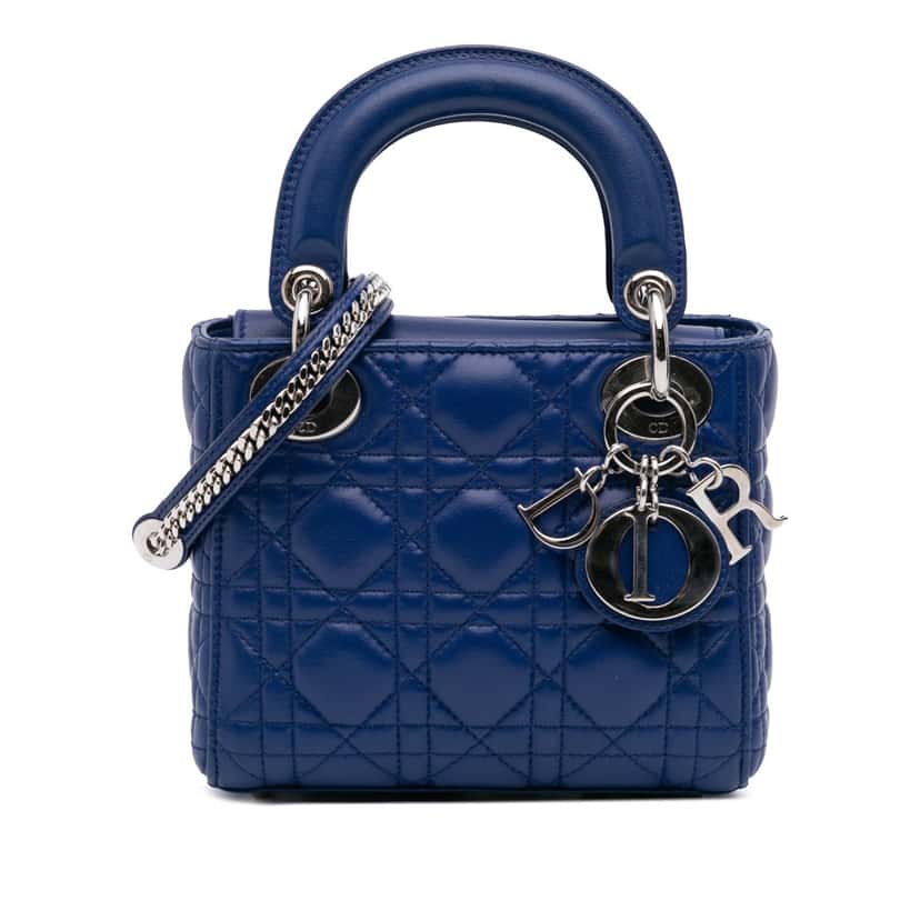 Dior Mini Lambskin Cannage Lady Dior Blue Leather Good condition - Front View