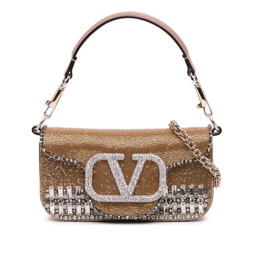 Valentino Small Swarovski Crystal Embroidered Vlogo Loco Satchel Gold Leather Good condition - Front View